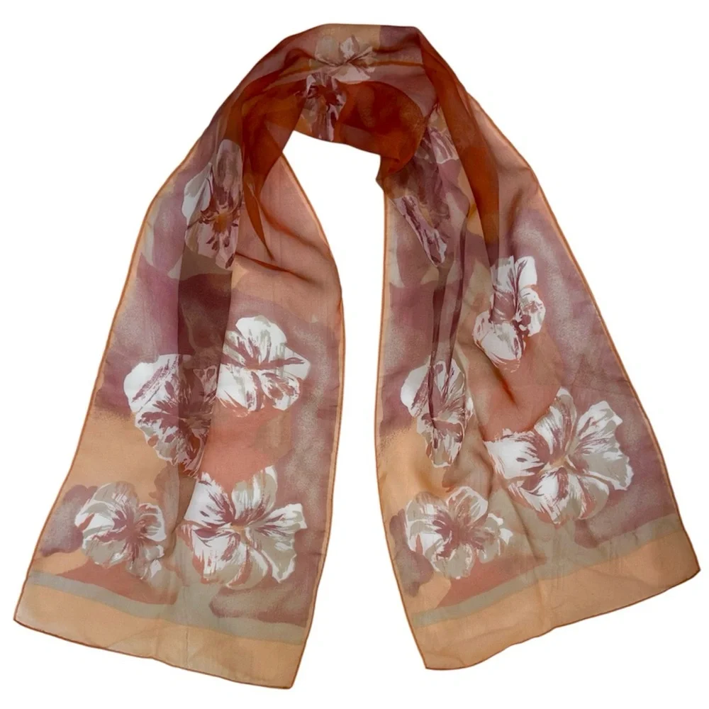 Vintage Silk Scarf Luxury Floral Botanical Print Hibiscus Flower Tan Coral Ivory